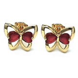 Oro Laminado Stud Earring, Gold Filled Style Butterfly and Heart Design, with Ruby Cubic Zirconia, Polished, Golden Finish