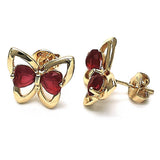 Oro Laminado Stud Earring, Gold Filled Style Butterfly and Heart Design, with Ruby Cubic Zirconia, Polished, Golden Finish
