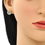 Oro Laminado Stud Earring, Gold Filled Style Flower Design, with Multicolor Micro Pave, Polished, Golden Finish