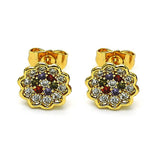 Oro Laminado Stud Earring, Gold Filled Style Flower Design, with Multicolor Micro Pave, Polished, Golden Finish