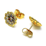 Oro Laminado Stud Earring, Gold Filled Style Flower Design, with Multicolor Micro Pave, Polished, Golden Finish