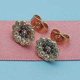 Oro Laminado Stud Earring, Gold Filled Style Flower Design, with Multicolor Micro Pave, Polished, Golden Finish