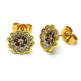 Oro Laminado Stud Earring, Gold Filled Style Flower Design, with Multicolor Micro Pave, Polished, Golden Finish