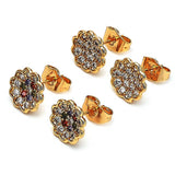 Oro Laminado Stud Earring, Gold Filled Style Flower Design, with Multicolor Micro Pave, Polished, Golden Finish