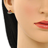 Oro Laminado Stud Earring, Gold Filled Style Watermelon Design, with Garnet and Green Cubic Zirconia, Polished, Golden Finish