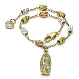 Oro Laminado Charm Bracelet, Gold Filled Style Guadalupe Design, Diamond Cutting Finish, Tricolor
