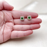 Oro Laminado Stud Earring, Gold Filled Style Cluster Design, with Green Cubic Zirconia and White Micro Pave, Polished, Golden Finish