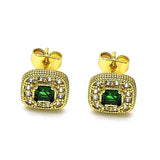 Oro Laminado Stud Earring, Gold Filled Style Cluster Design, with Green Cubic Zirconia and White Micro Pave, Polished, Golden Finish