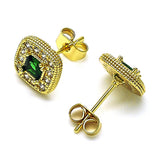 Oro Laminado Stud Earring, Gold Filled Style Cluster Design, with Green Cubic Zirconia and White Micro Pave, Polished, Golden Finish