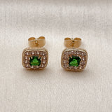 Oro Laminado Stud Earring, Gold Filled Style Cluster Design, with Green Cubic Zirconia and White Micro Pave, Polished, Golden Finish