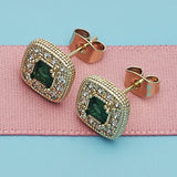 Oro Laminado Stud Earring, Gold Filled Style Cluster Design, with Green Cubic Zirconia and White Micro Pave, Polished, Golden Finish