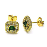 Oro Laminado Stud Earring, Gold Filled Style Cluster Design, with Green Cubic Zirconia and White Micro Pave, Polished, Golden Finish