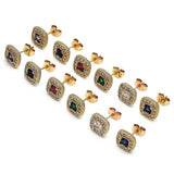 Oro Laminado Stud Earring, Gold Filled Style Cluster Design, with Green Cubic Zirconia and White Micro Pave, Polished, Golden Finish
