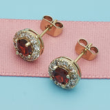 Oro Laminado Stud Earring, Gold Filled Style with Garnet and White Cubic Zirconia, Polished, Golden Finish