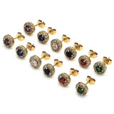 Oro Laminado Stud Earring, Gold Filled Style with Garnet and White Cubic Zirconia, Polished, Golden Finish