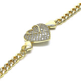 Oro Laminado Fancy Bracelet, Gold Filled Style Heart Design, with White Micro Pave, Polished, Golden Finish