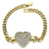 Oro Laminado Fancy Bracelet, Gold Filled Style Heart Design, with White Micro Pave, Polished, Golden Finish