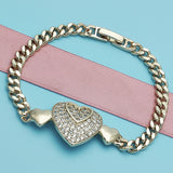 Oro Laminado Fancy Bracelet, Gold Filled Style Heart Design, with White Micro Pave, Polished, Golden Finish
