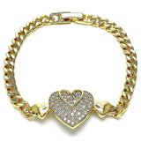Oro Laminado Fancy Bracelet, Gold Filled Style Heart Design, with White Micro Pave, Polished, Golden Finish