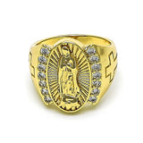Oro Laminado Multi Stone Ring, Gold Filled Style Guadalupe and Cross Design, with White Cubic Zirconia, Polished, Golden Finish