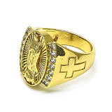 Oro Laminado Multi Stone Ring, Gold Filled Style Guadalupe and Cross Design, with White Cubic Zirconia, Polished, Golden Finish