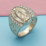 Oro Laminado Multi Stone Ring, Gold Filled Style Guadalupe and Cross Design, with White Cubic Zirconia, Polished, Golden Finish