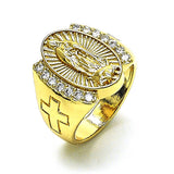 Oro Laminado Multi Stone Ring, Gold Filled Style Guadalupe and Cross Design, with White Cubic Zirconia, Polished, Golden Finish