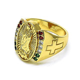 Oro Laminado Multi Stone Ring, Gold Filled Style Guadalupe and Cross Design, with Multicolor Cubic Zirconia, Polished, Golden Finish