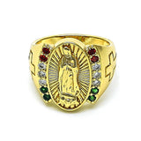 Oro Laminado Multi Stone Ring, Gold Filled Style Guadalupe and Cross Design, with Multicolor Cubic Zirconia, Polished, Golden Finish
