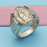Oro Laminado Multi Stone Ring, Gold Filled Style Guadalupe and Cross Design, with Multicolor Cubic Zirconia, Polished, Golden Finish