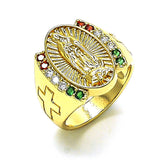 Oro Laminado Multi Stone Ring, Gold Filled Style Guadalupe and Cross Design, with Multicolor Cubic Zirconia, Polished, Golden Finish