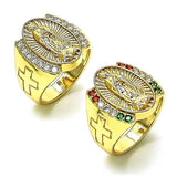 Oro Laminado Multi Stone Ring, Gold Filled Style Guadalupe and Cross Design, with Multicolor Cubic Zirconia, Polished, Golden Finish