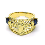 Oro Laminado Multi Stone Ring, Gold Filled Style Guadalupe and Elephant Design, with Sapphire Blue and White Cubic Zirconia, Polished, Golden Finish