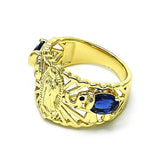 Oro Laminado Multi Stone Ring, Gold Filled Style Guadalupe and Elephant Design, with Sapphire Blue and White Cubic Zirconia, Polished, Golden Finish