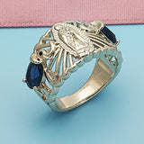Oro Laminado Multi Stone Ring, Gold Filled Style Guadalupe and Elephant Design, with Sapphire Blue and White Cubic Zirconia, Polished, Golden Finish