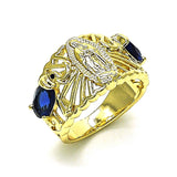 Oro Laminado Multi Stone Ring, Gold Filled Style Guadalupe and Elephant Design, with Sapphire Blue and White Cubic Zirconia, Polished, Golden Finish
