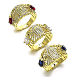 Oro Laminado Multi Stone Ring, Gold Filled Style Guadalupe and Elephant Design, with Sapphire Blue and White Cubic Zirconia, Polished, Golden Finish