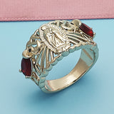 Oro Laminado Multi Stone Ring, Gold Filled Style Guadalupe and Elephant Design, with Garnet and White Cubic Zirconia, Polished, Golden Finish