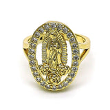 Oro Laminado Multi Stone Ring, Gold Filled Style Guadalupe and Flower Design, with White Cubic Zirconia, Polished, Golden Finish
