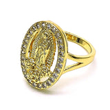 Oro Laminado Multi Stone Ring, Gold Filled Style Guadalupe and Flower Design, with White Cubic Zirconia, Polished, Golden Finish