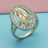 Oro Laminado Multi Stone Ring, Gold Filled Style Guadalupe and Flower Design, with White Cubic Zirconia, Polished, Golden Finish