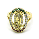 Oro Laminado Multi Stone Ring, Gold Filled Style Guadalupe and Flower Design, with Multicolor Cubic Zirconia, Polished, Golden Finish