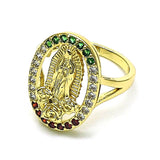 Oro Laminado Multi Stone Ring, Gold Filled Style Guadalupe and Flower Design, with Multicolor Cubic Zirconia, Polished, Golden Finish