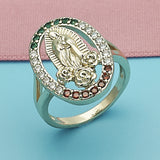 Oro Laminado Multi Stone Ring, Gold Filled Style Guadalupe and Flower Design, with Multicolor Cubic Zirconia, Polished, Golden Finish