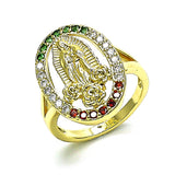 Oro Laminado Multi Stone Ring, Gold Filled Style Guadalupe and Flower Design, with Multicolor Cubic Zirconia, Polished, Golden Finish