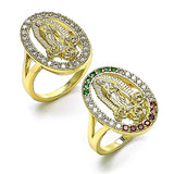 Oro Laminado Multi Stone Ring, Gold Filled Style Guadalupe and Flower Design, with Multicolor Cubic Zirconia, Polished, Golden Finish
