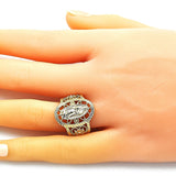 Oro Laminado Elegant Ring, Gold Filled Style Guadalupe and Flower Design, Polished, Golden Finish