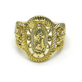 Oro Laminado Elegant Ring, Gold Filled Style Guadalupe and Flower Design, Polished, Golden Finish