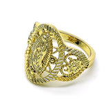 Oro Laminado Elegant Ring, Gold Filled Style Guadalupe and Flower Design, Polished, Golden Finish