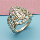 Oro Laminado Elegant Ring, Gold Filled Style Guadalupe and Flower Design, Polished, Golden Finish